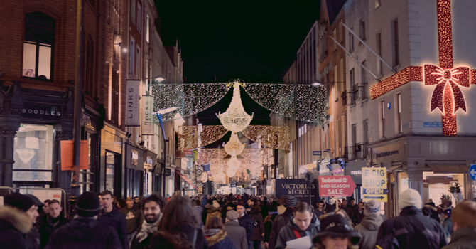 Christmas lights in the shape of a chandelier on Dublin's main shopping street