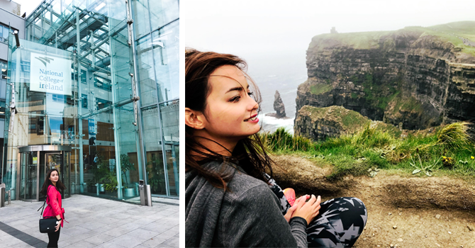 Nina standing in front of big glass building and nina looking out over the steep cliffs of Moher