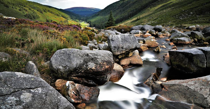 water rushes through rocks in a green landscape