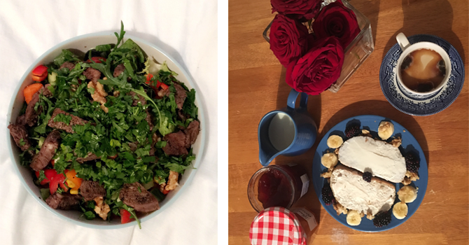 a health plate of salad and a big breakfast with a a small vase of flowers