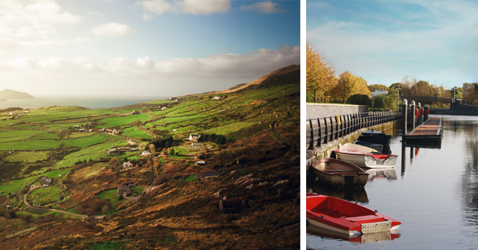 Left: the rolling green hills and coastline typical of Irish scenery. Right: Boats in the river in Carlow