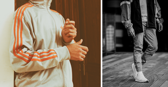 Two images of typical tracksuits, the one on the left with three stripes down the sleeve