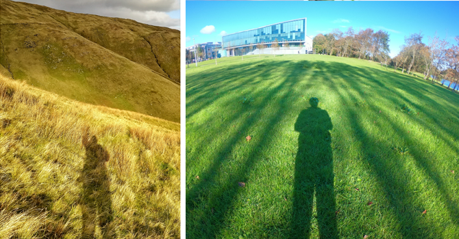 Left: Syed's shadow in long grass in the Irish countryside. Right: Syed's shadow on a green field in front of the university