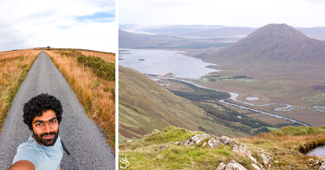 Left: Syed's shadow in long grass in the Irish countryside. Right: Rolling green hills and a lake in Joyce country