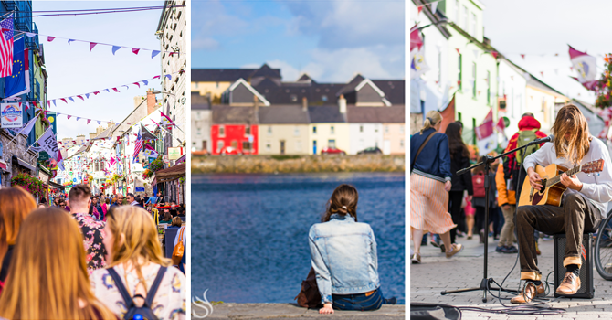 A selection of images a busy shipping street with bunting overhead, a woman sitting at the waterside and a street musician with long hair playing a guitar