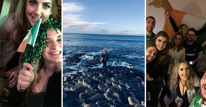 Left: Two girls socialising holding Irish flags. Middle: A girl with her back to camera stares out to sea. Right: Friends gathered to celebrate, holding an Irish flag