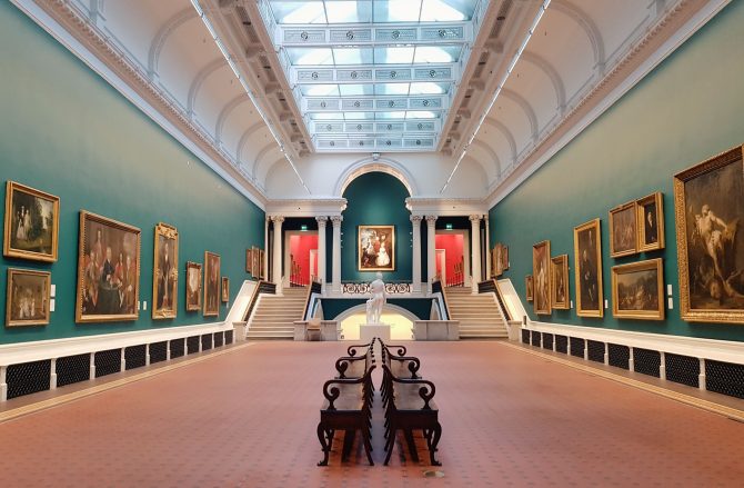 Art Gallery with seating under glass ceiling