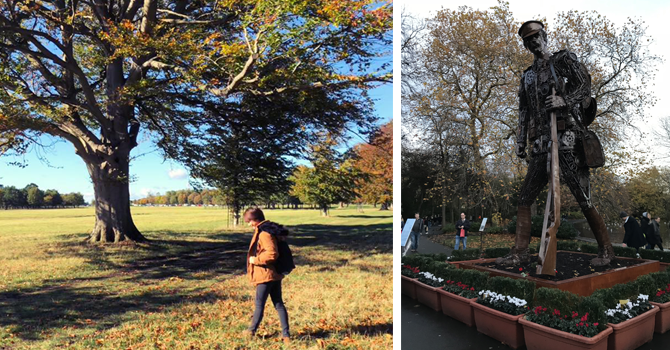 Left: a girl walks in a park. Right: a statue in Dublin City Centre