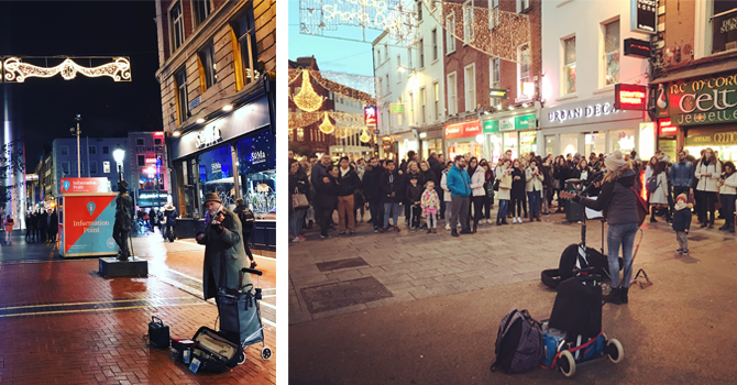 Performers on Dublin's Grafton Street busking to crowds