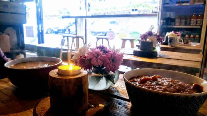 Food in bowls at a vegan restaurant 