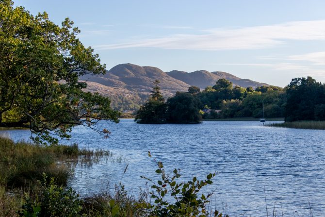 Lake surrounded by trees with mountain in the background 