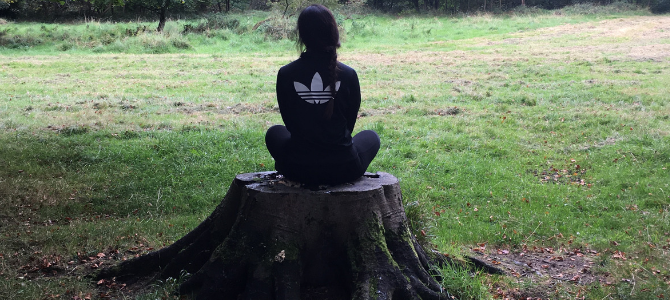 girl in a hoodie sitting on a tree stump